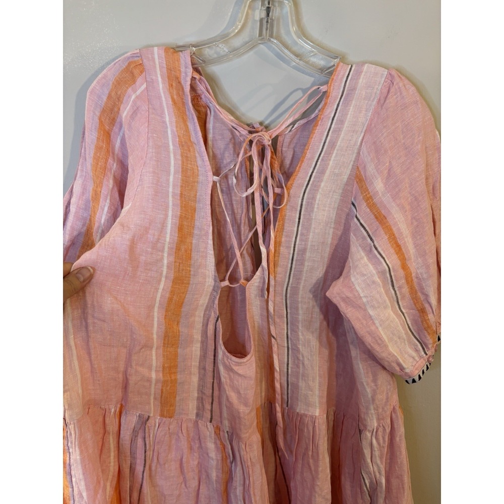 LEMLEM x H&M Pink Stripe Linen Dress L Puff Sleeve Beach Summer - Picture 10 of 12
